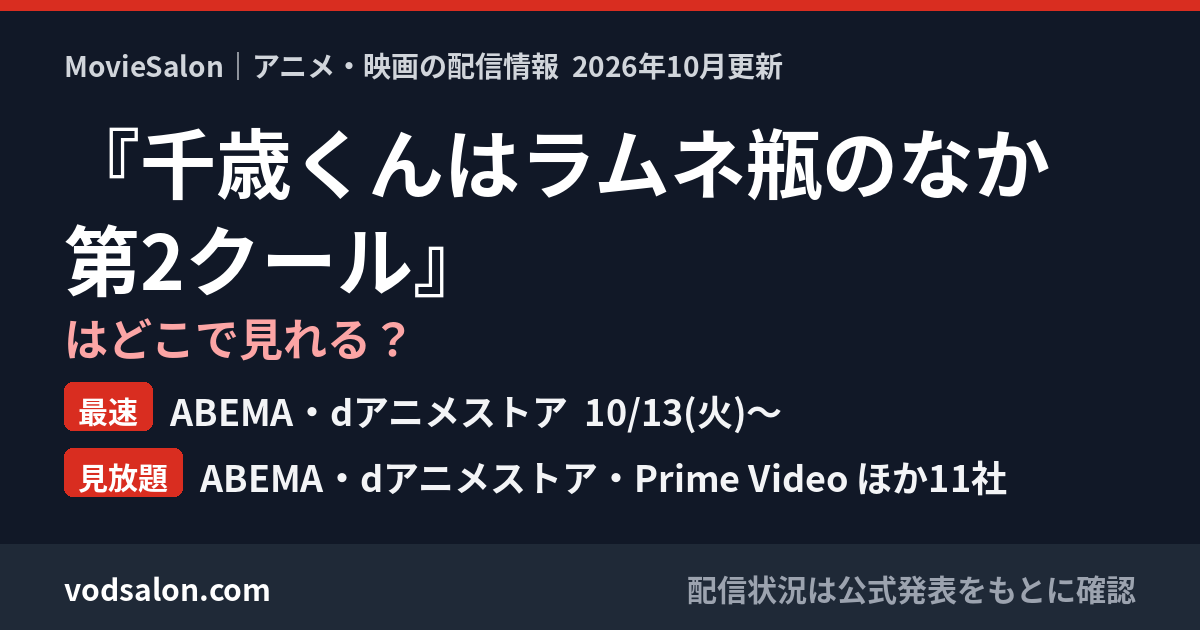『千歳くんはラムネ瓶のなか 第2クール』はどこで見れる?最速:ABEMA・dアニメストア 10/13(火)〜 見放題:ABEMA・dアニメストア・Prime Video ほか11社