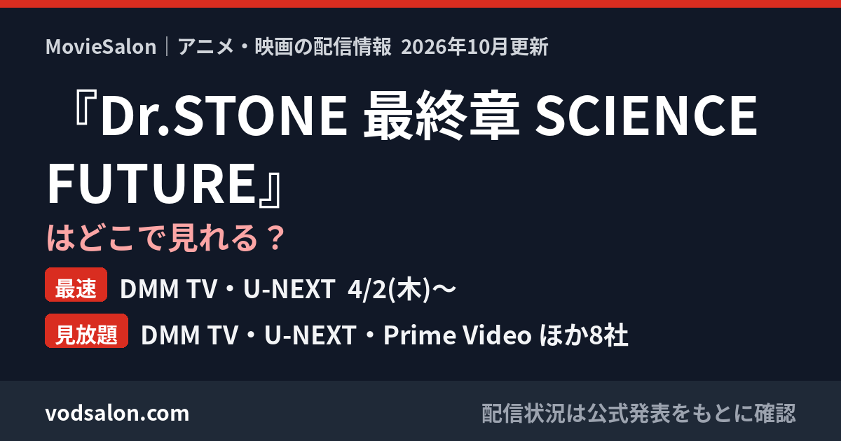 『Dr.STONE 最終章 SCIENCE FUTURE』はどこで見れる？最速：DMM TV・U-NEXT  4/2(木)〜　見放題：DMM TV・U-NEXT・Prime Video ほか8社