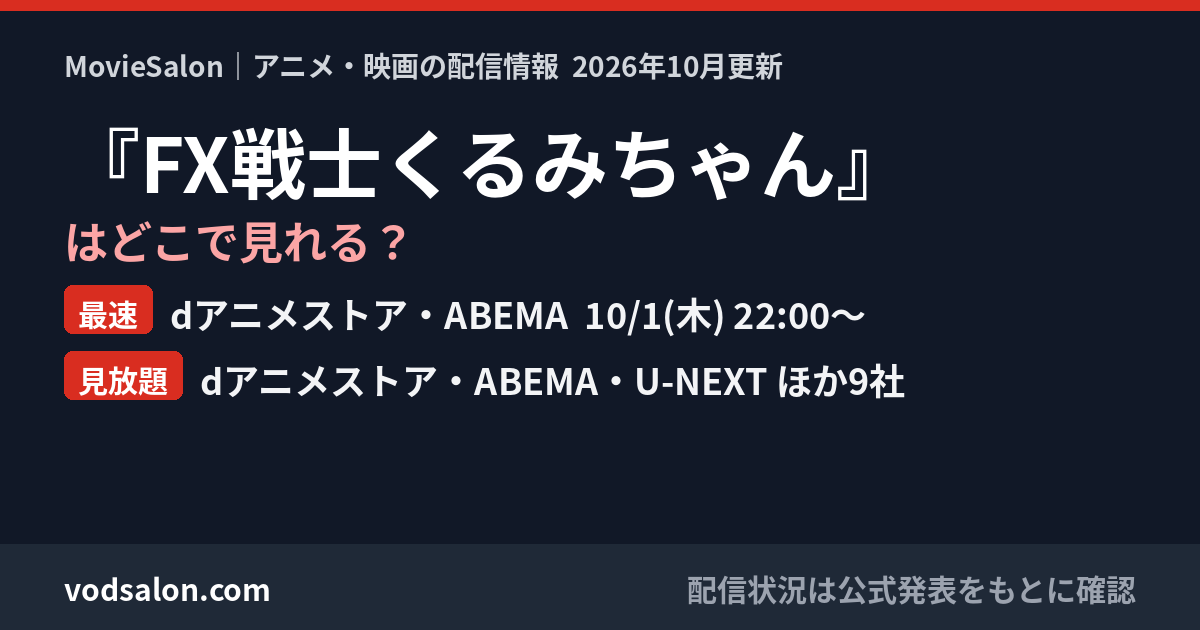 『FX戦士くるみちゃん』はどこで見れる？最速：dアニメストア・ABEMA  10/1(木) 22:00〜　見放題：dアニメストア・ABEMA・U-NEXT ほか9社