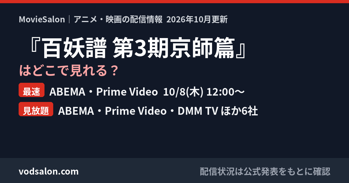 『百妖譜 第3期京師篇』はどこで見れる？最速：ABEMA・Prime Video  10/8(木) 12:00〜　見放題：ABEMA・Prime Video・DMM TV ほか6社